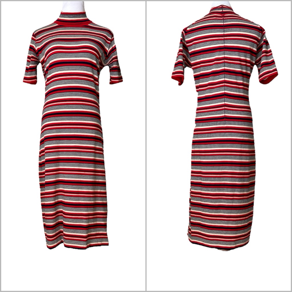 Marchesa Di Grsy Vintage Italian-Made Striped Wool Midi Dress Red/Navy/Cream M